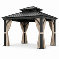 Pergola de jardin en métal anthracite avec toit rigide et rideaux beiges, 300 x 400 x 290 cm
