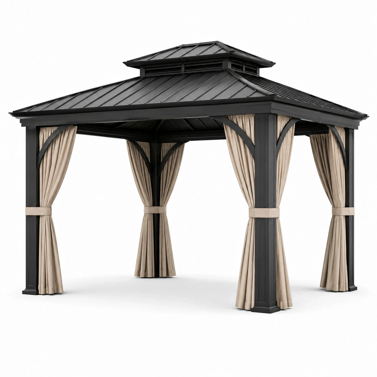 Pergola de jardin en métal anthracite avec toit rigide et rideaux beiges, 300 x 400 x 290 cm