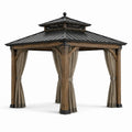 Pavillon de jardin en bois brun 360 x 360 x 310 cm avec toit en acier noir et rideaux taupe